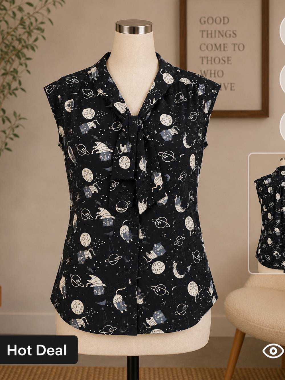 Magnolia Place Sleeveless Tie-Neck Blouse in Black Space Print